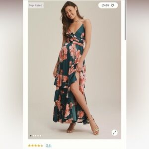 Anthropologie Hutch Maxi Green Sleeveless dress with pink flowers.
